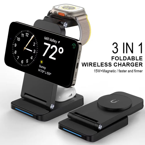 3 in 1 15W Wireless Fast Charging Foldable Stand Magnetic Desktop Wireless Charger Can Charge for Mobile Phone Watch Earbuds