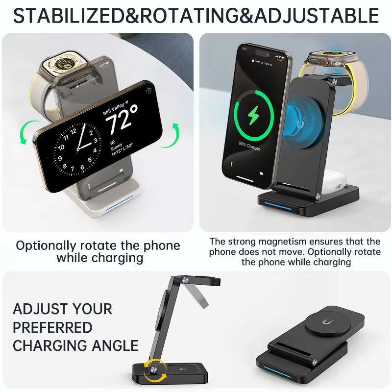 3 in 1 15W Wireless Fast Charging Foldable Stand Magnetic Desktop Wireless Charger Can Charge for Mobile Phone Watch Earbuds